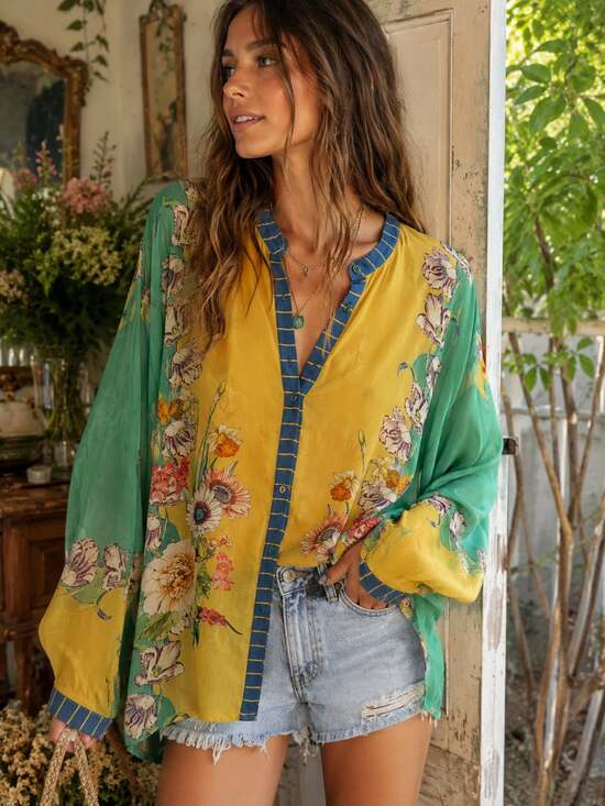Johnny Was Tops - Johnny Was Panya Karis Floral Cupra Rayon Button Down Blouse XS Boho Top